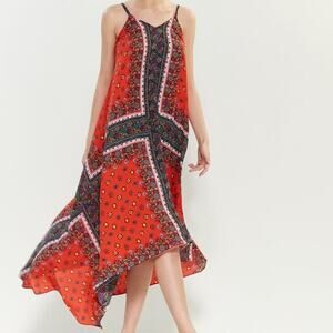 Nanette Lepore Maxi Dress Size 6 Red Floral Handkerchief Flowy Bohemian Vacation